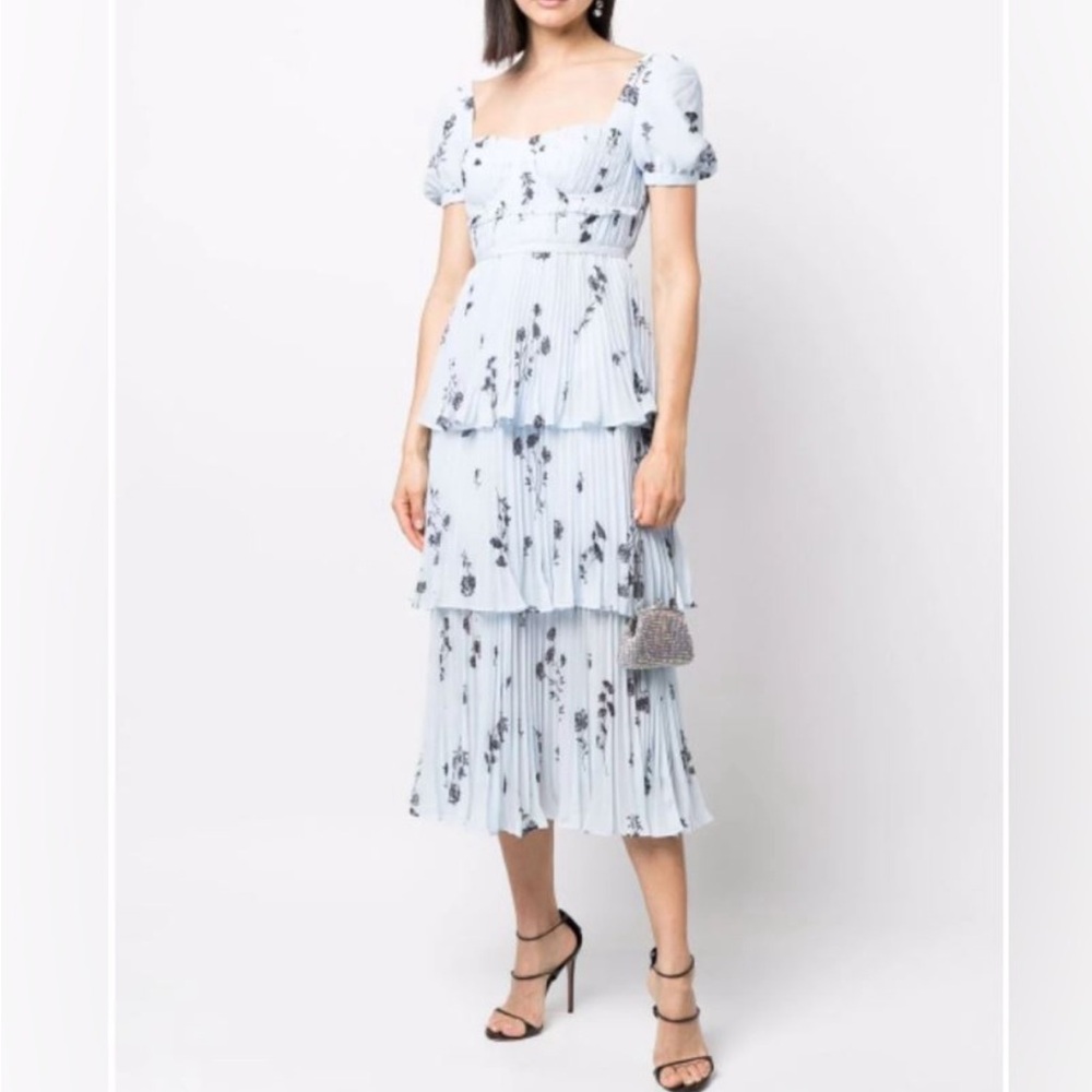 Self-Portrait Blue Puff Sleeve MIDI Dress